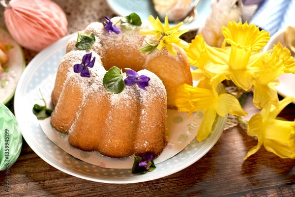 Obraz Closeup of traditional Easter ring cake with fresh flower decoration on festive table