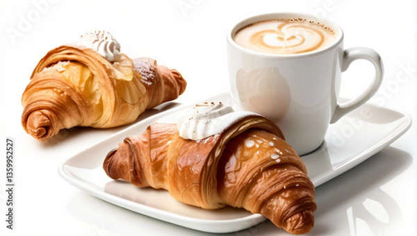 Obraz Petit déjeuné français, café croissant et pomme