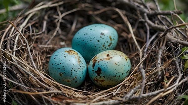 Fototapeta Beautiful Robins eggs in nest, upside view 