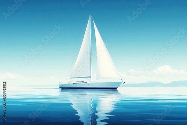 Fototapeta Sleek white sailboat gliding smoothly across calm blue waters under a clear sky at midday