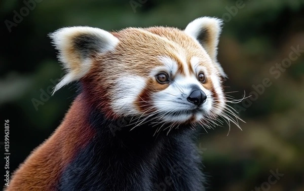 Obraz Close-up portrait of a red panda, its reddish-brown fur speckled with white, against a blurred green background. The animal's expression is calm and contemplative