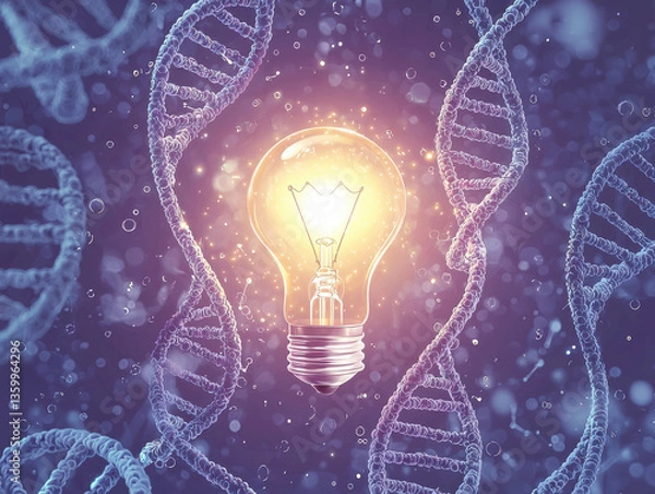 Fototapeta Glowing Light Bulb Surrounded by DNA Strands Symbolizing Ideas Breakthroughs in Genetic Research Discovery and Innovation in Science and Technology