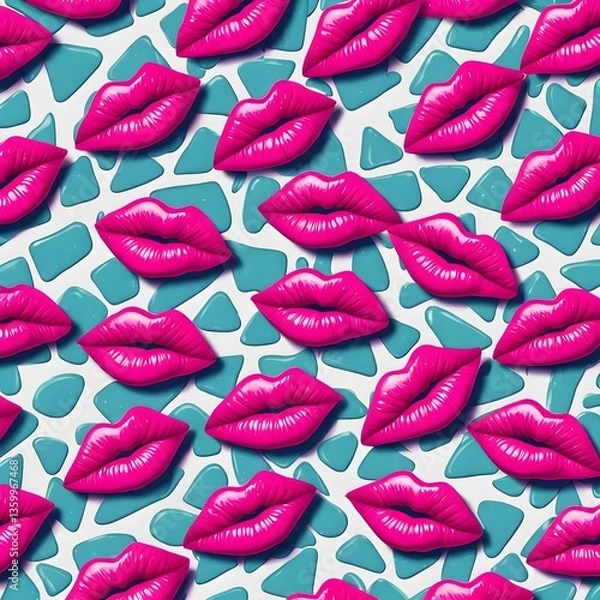 Fototapeta Digital matte painting with a pop art pink lips pattern.