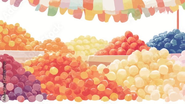 Fototapeta A high-angle, close-up shot depicts a vibrant display of various colorful candies arranged in piles on wooden crates at a market stall.  The candies are predominantly round and appear to be various