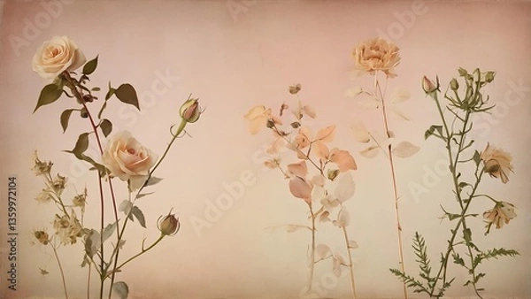 Fototapeta Vintage Pressed Flowers Gradient Background in Soft Pastel Tones