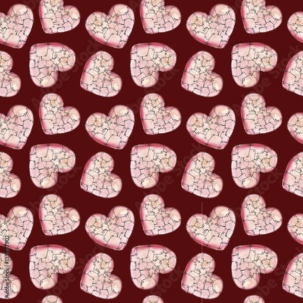 Fototapeta Розовое акварельное сердце из кусочков на бордовом фоне