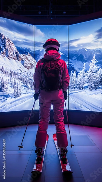 Obraz High-Tech Ski Simulator with VR Headset and Snowy Mountain Scenery – Immersive Winter Experience - vertical format