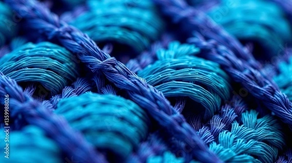 Fototapeta Close-up of intricately woven vibrant blue and turquoise textile pattern
