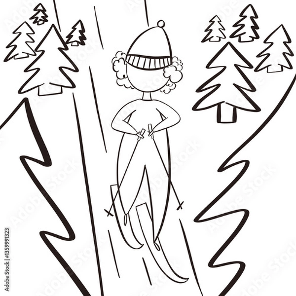 Obraz Skier in the forest. Black and white illustration for coloring book.