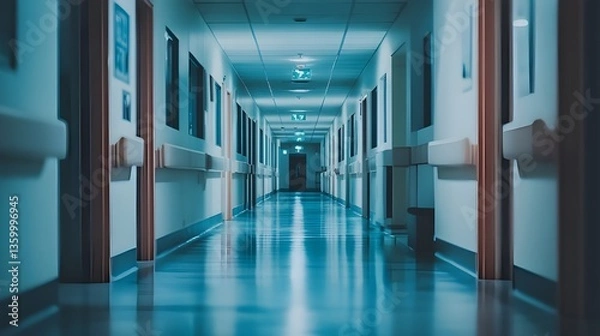 Obraz Long Empty Hospital Corridor with Soft Lighting.