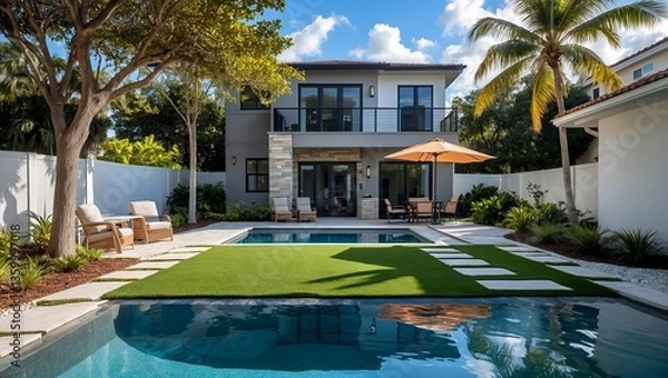 Fototapeta Modern backyard oasis with pool and greenery