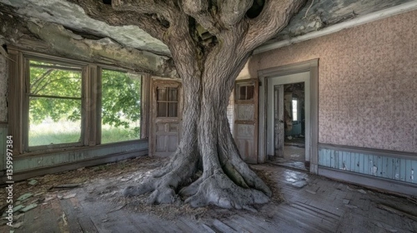 Fototapeta Nature's takeover: A colossal tree infiltrates and reclaims a dilapidated home's interior