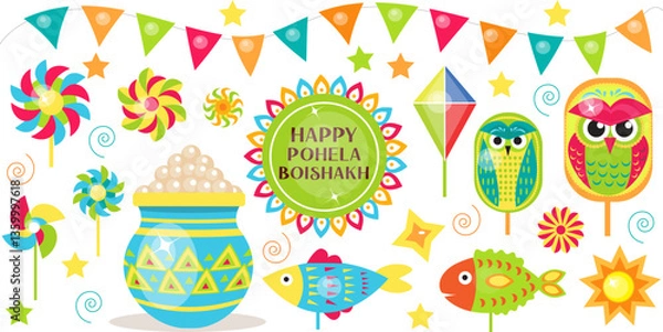 Fototapeta A traditional Pohela Boishakh vector set with cultural symbols, colorful decorations, and festive elements. Great for Bengali New Year posters and designs