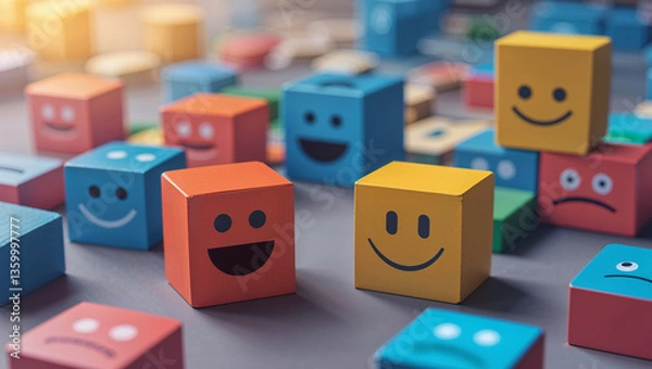 Fototapeta Colorful cubes showing various emotions stand on gray surface