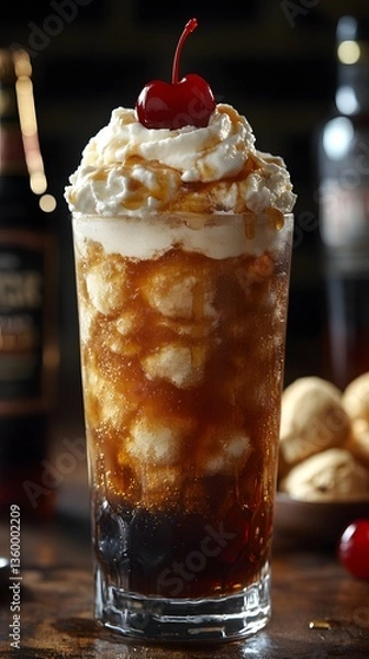 Fototapeta A Delicious Ice Cream Soda: A close-up image of an appetizing ice cream soda, featuring layers of ice cream, soda, whipped cream, and a vibrant cherry garnish