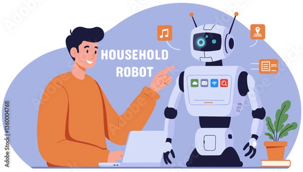 Fototapeta Man programming household robot. Colorful minimalist flat design illustration