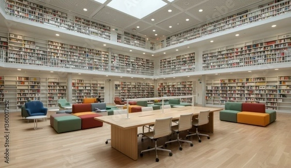 Fototapeta Bright and spacious library interior with floor-to-ceiling bookshelves.