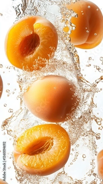 Fototapeta Apricot Splash: Fresh, ripe apricots captured in a dynamic water splash, bursting with juicy texture, vibrant color, and the essence of summer