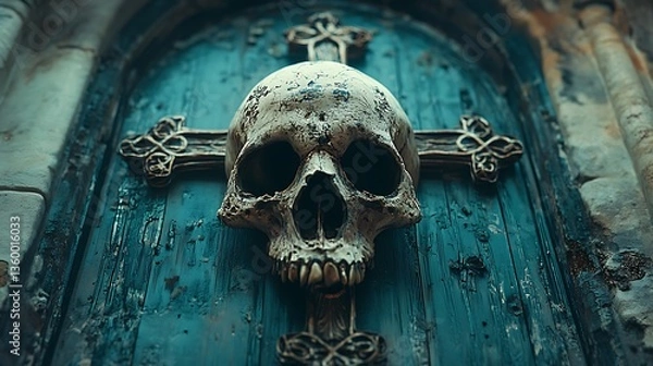Fototapeta Skull on Gothic Cross for Weathered Door.