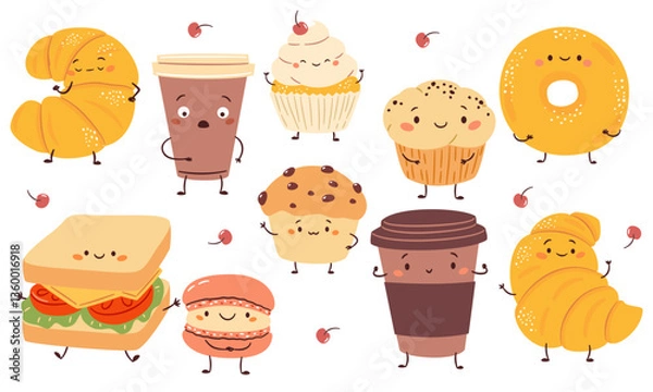 Fototapeta Vector set of cute illustrations in a simple childish style. Cute food with muzzles hands and feet. Croissants coffee glasses buns cakes and cupcakes. Vector illustration