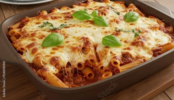 Fototapeta A cheesy baked ziti pasta dish with meat sauce and topped with basil.