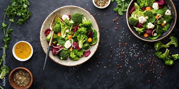 Fototapeta Experience the essence of nature in your kitchen with this green food masterpiece! A fresh salad with rice, evoking healthy vegetarian vibes, set against a dark and appealing background.  