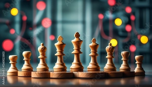 Fototapeta Strategic chess match in a modern game room wooden pieces dynamic background engaging atmosphere