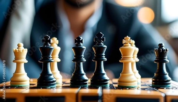 Fototapeta Intense chess match cozy  setting gameplay focus close-up view strategy showcase