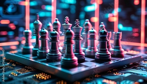 Fototapeta Strategic chess game on futuristic circuit board digital arena artistic display vivid environment close-up perspective