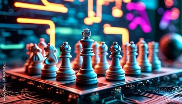 Fototapeta Chess strategy match digital arena artistic illustration futuristic environment close-up gaming tactics