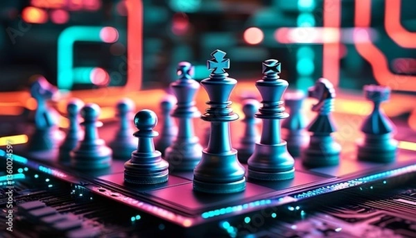 Fototapeta Strategic chess match in neon tech environment digital artwork high-contrast futuristic setting