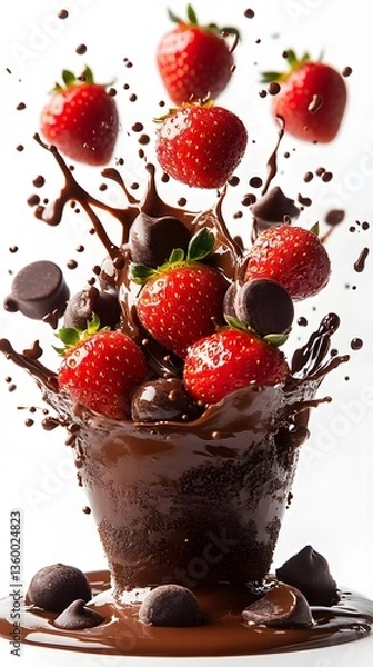 Fototapeta A Delightful Dance: A vibrant strawberry explosion, beautifully choreographed amidst a cascade of rich, dark chocolate, creating an irresistible visual treat.