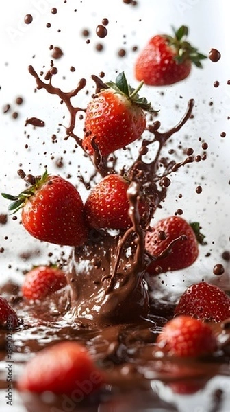 Fototapeta Strawberry in Chocolate Splash: A vibrant display of ripe strawberries suspended mid-air, gracefully interacting with a dynamic splash of molten chocolate.