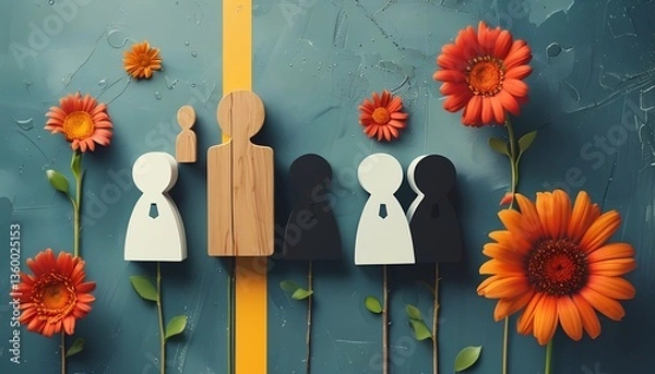 Fototapeta Social connection dynamics among human figures studio setting digital art floral accents conceptual viewpoint