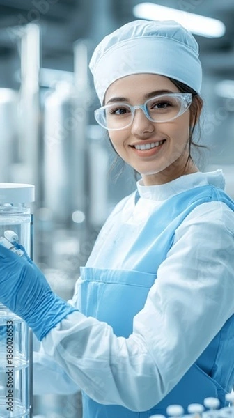 Obraz A smiling woman in a lab coat and gloves holds a glass container, representing science and research in a clean, modern laboratory environment.
