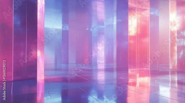 Fototapeta futuristic room with holographic textures and iridescent colors creates mesmerizing atmosphere. reflective surfaces and vibrant hues of pink, blue, and purple enhance ethereal ambiance