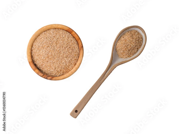 Obraz Psyllium husk in the plate with spoon on white background.