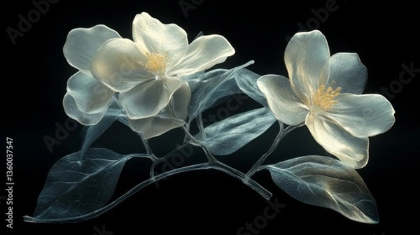 Fototapeta Chrome liquid Jasmine flower. 3D render, modern design. Isolated holographic futuristic floral icon. Y2K, brutalism retro futurism concept.