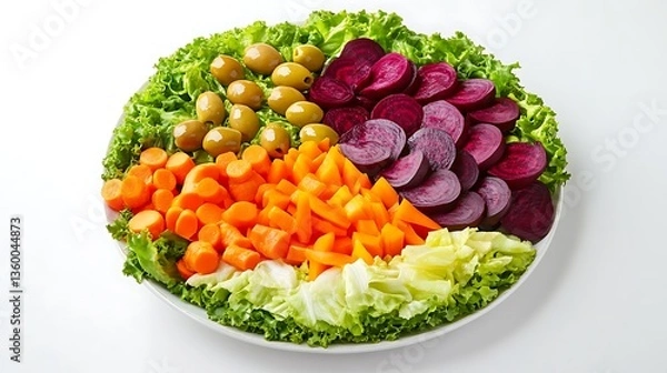 Obraz Healthy and vibrant vegetable platter with carrots, beets, olives, and lettuce.