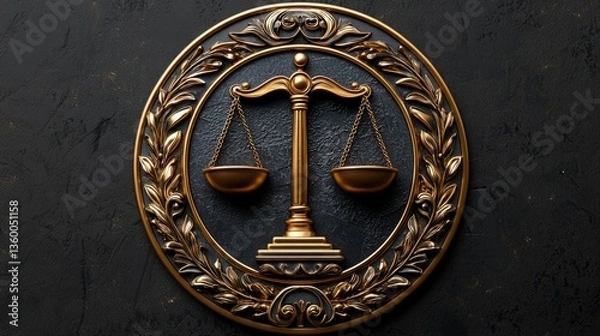 Fototapeta A professional and elegant logo design for a law firm, featuring a balanced scales of justice symbol within a circular badge, using gold and dark blue colors