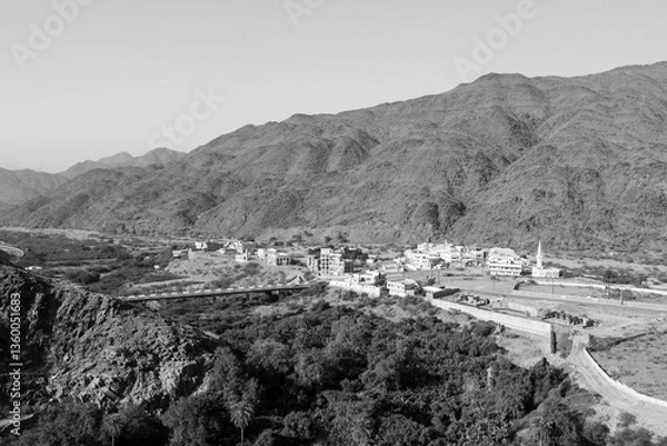 Fototapeta View from the Thee-Ain heritage site in Al-Baha, Saudi Arabia towards the village of the same name