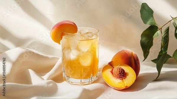 Fototapeta Refreshing Peach Cocktail with Ice Cubes and Fresh Peach Slices in Bright Natural Lighting