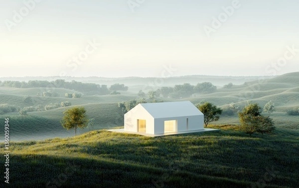 Fototapeta Modern white house on a green hill, overlooking a misty valley at sunrise. Minimalist architecture in a serene landscape