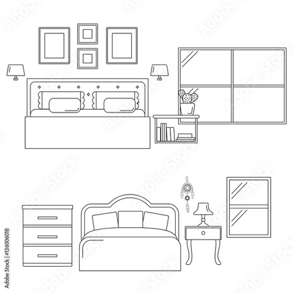 Fototapeta Vector Illustration of a Bedroom with Window. Line Design Illustration.