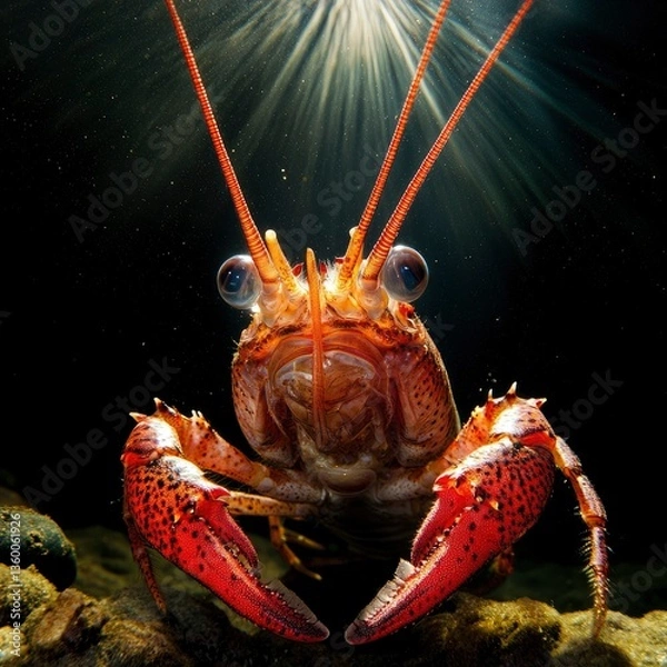 Obraz Underwater Close-Up of a Vivid Crayfish with Light Rays