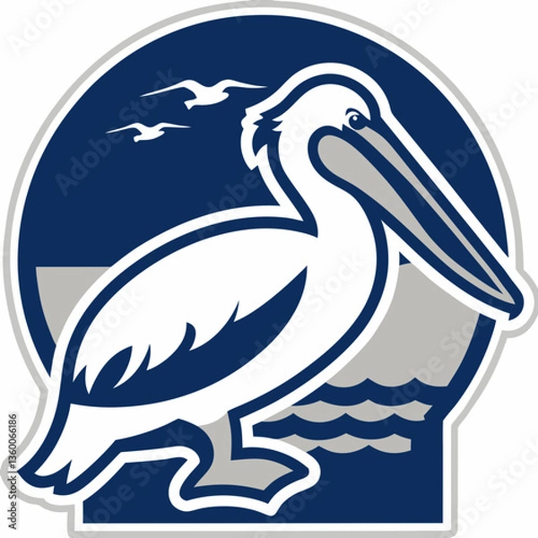 Fototapeta Australian pelican standing by the sea in a stylized illustration.  