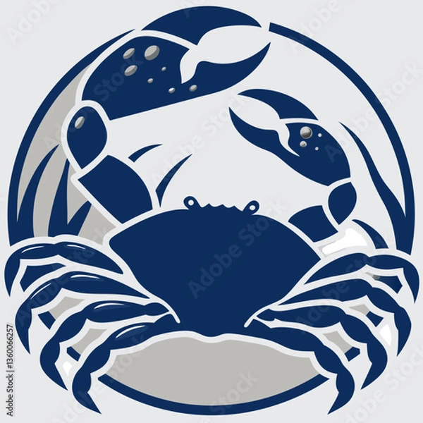 Fototapeta an illustration of a crab with its claws raised in a circular frame, featuring a marine theme. The illustration showcases a bold, graphic design with a focus on the crab's form and texture