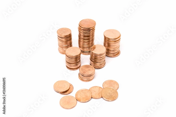 Fototapeta coin, bronze coin stack isolated on white background