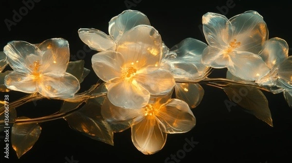 Fototapeta Chrome liquid Jasmine flower. 3D render, modern design. Isolated holographic futuristic floral icon. Y2K, brutalism retro futurism concept.