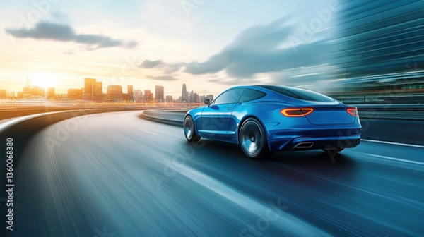 Fototapeta Sleek Blue Sports Car Racing on City Road at Sunset